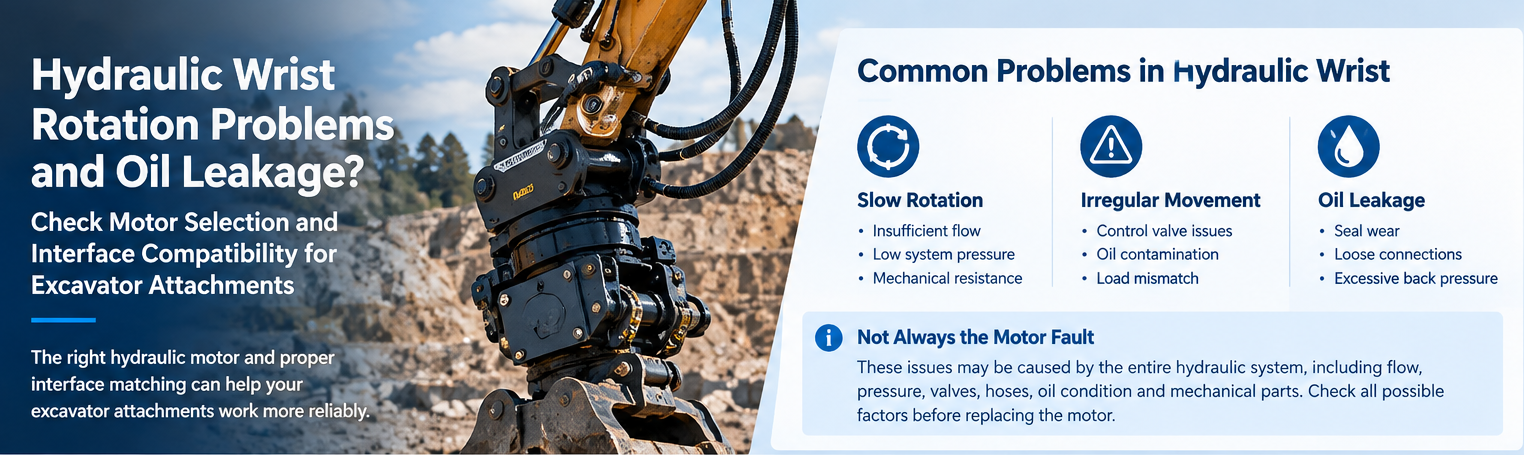 Neueste Unternehmensblogs über Hydraulic Wrist Rotation Problems and Oil Leakage: Checking Motor Selection and Interface Compatibility for Excavator Attachments